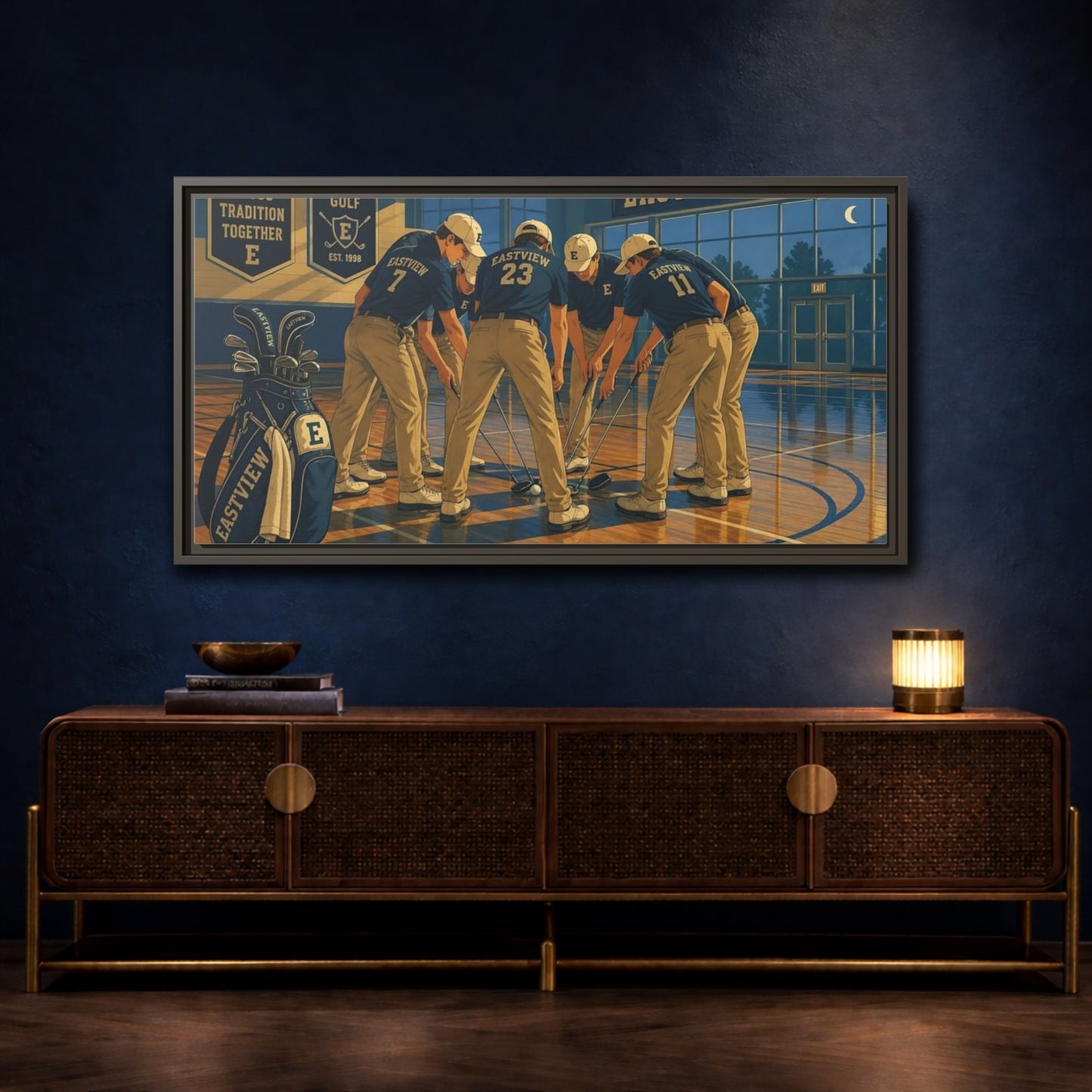 Mockup 4. Golf Team Huddle shown as framed canvas print