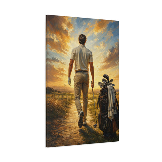 Main Mockup. Golfer At Sunset shown as canvas print