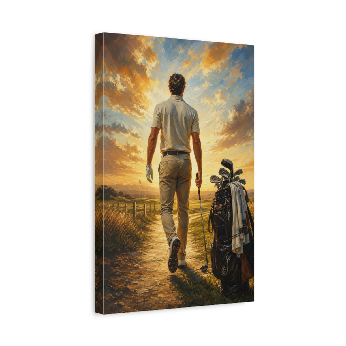 Side Mockup 4. Golfer At Sunset shown as canvas print
