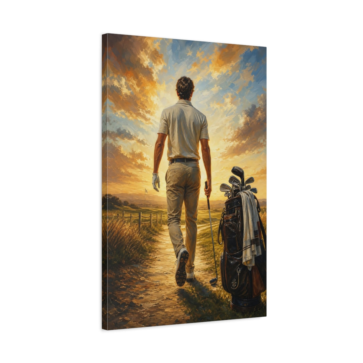 Side Mockup 2. Golfer At Sunset shown as canvas print