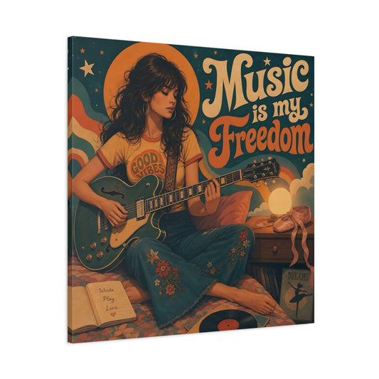 Main Mockup. Good Vibes Guitarist shown as canvas print