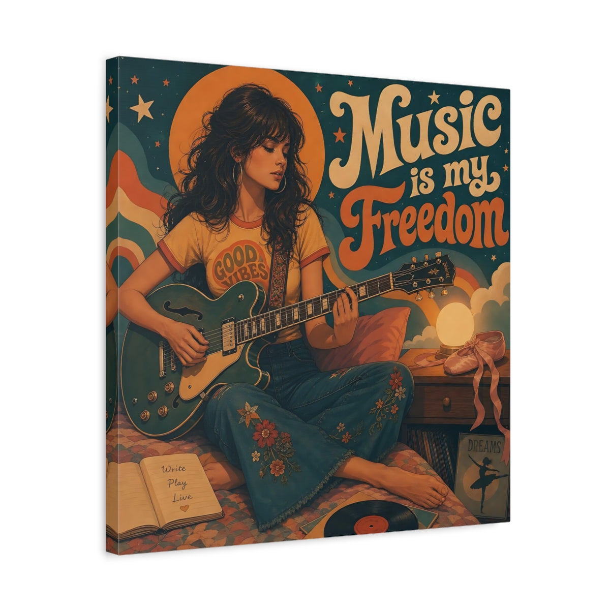 Side Mockup 5. Good Vibes Guitarist shown as canvas print