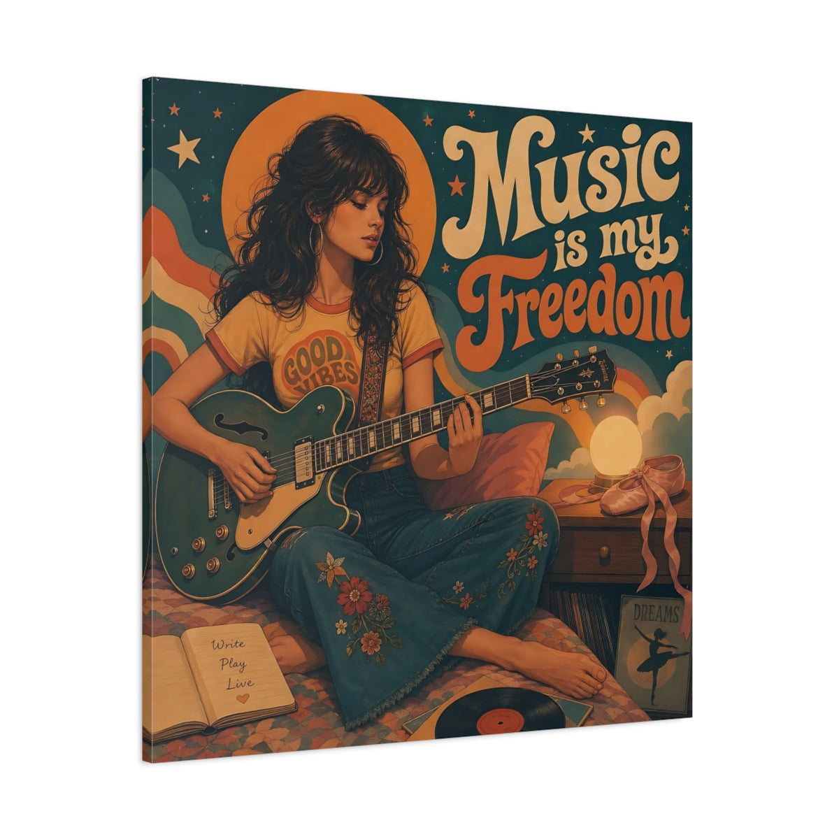 Side Mockup 1. Good Vibes Guitarist shown as canvas print