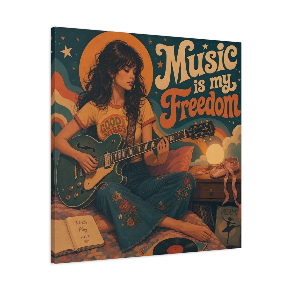 Side Mockup 3. Good Vibes Guitarist shown as canvas print
