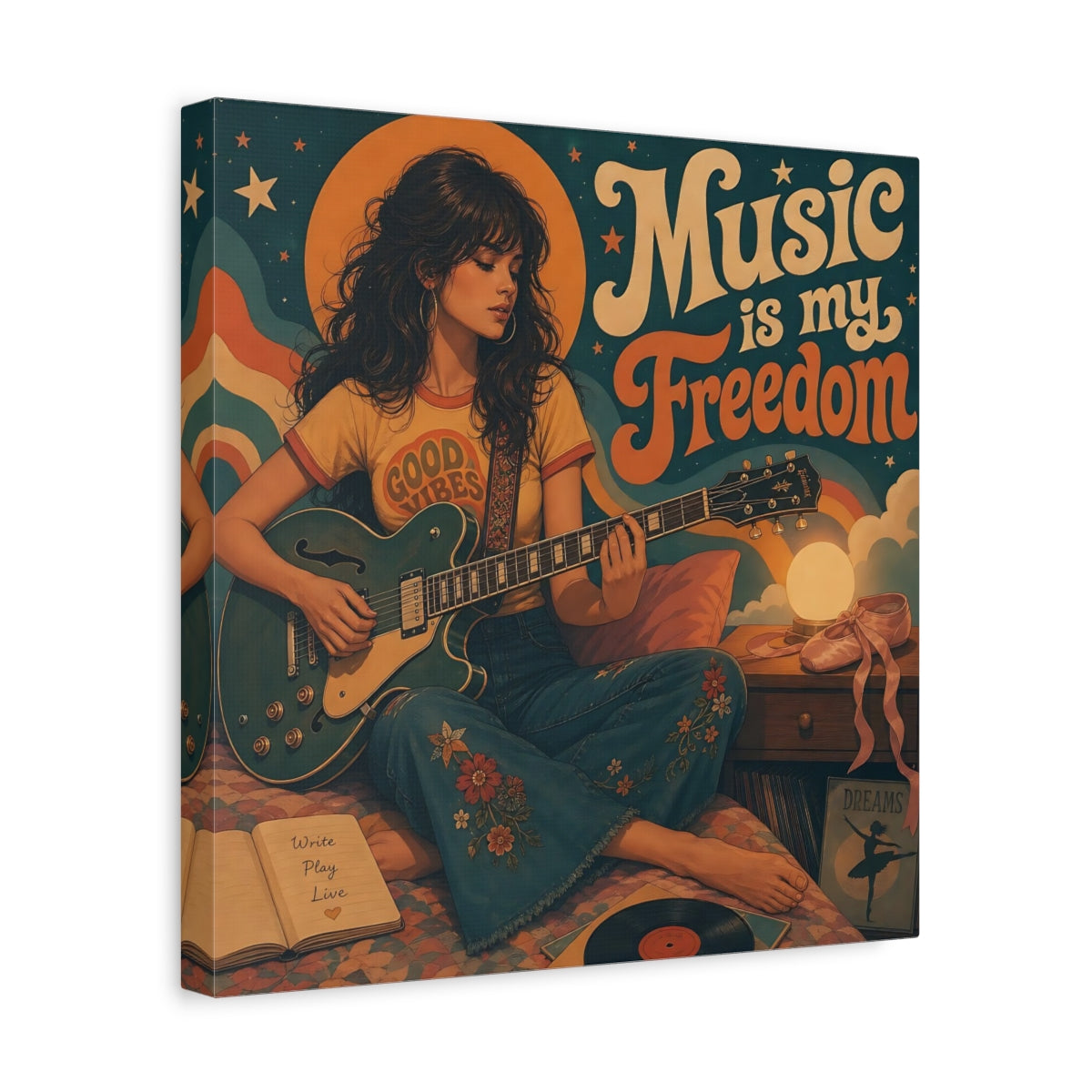 Side Mockup 7. Good Vibes Guitarist shown as canvas print