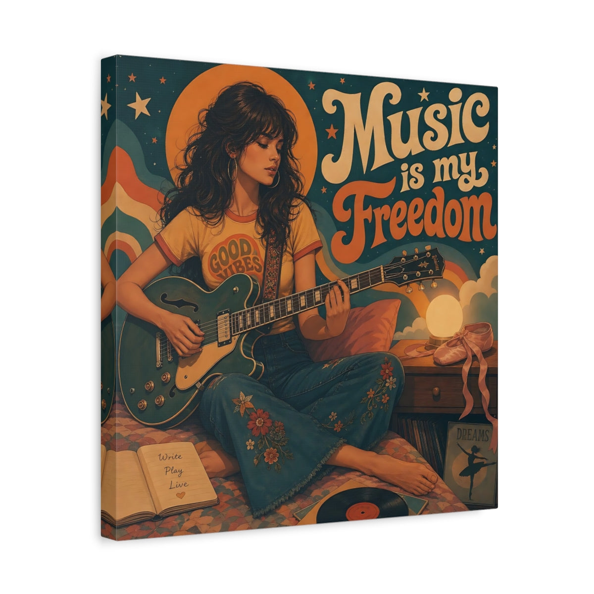 Side Mockup 6. Good Vibes Guitarist shown as canvas print
