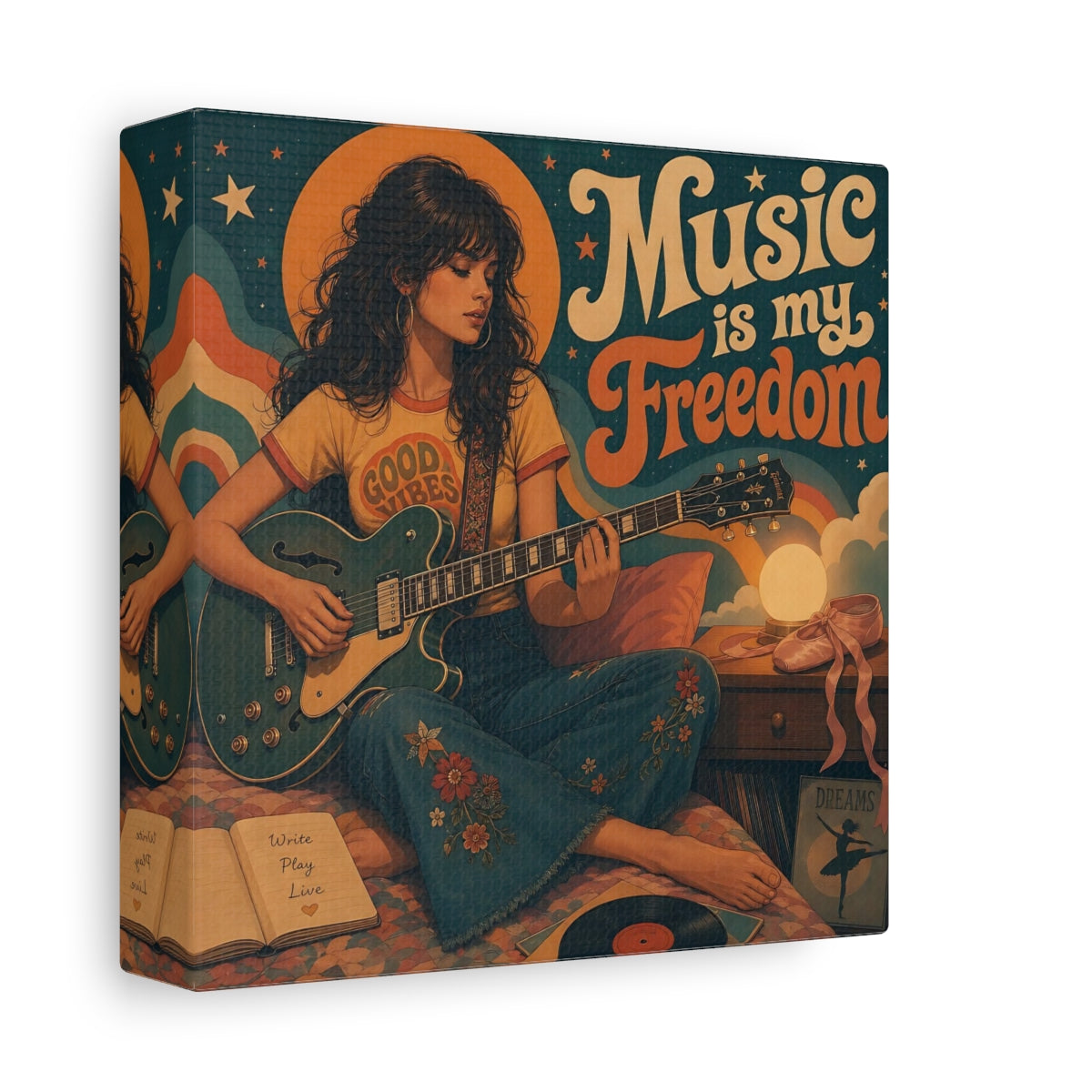 Side Mockup 2. Good Vibes Guitarist shown as canvas print