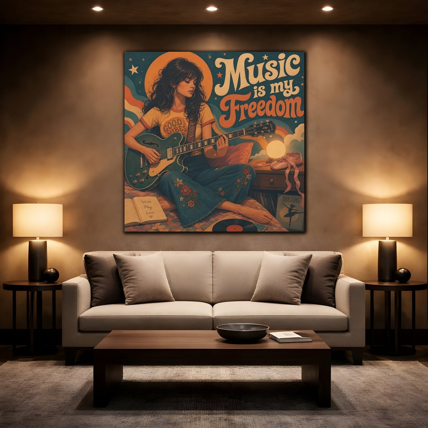 Mockup 2. Good Vibes Guitarist shown as canvas print