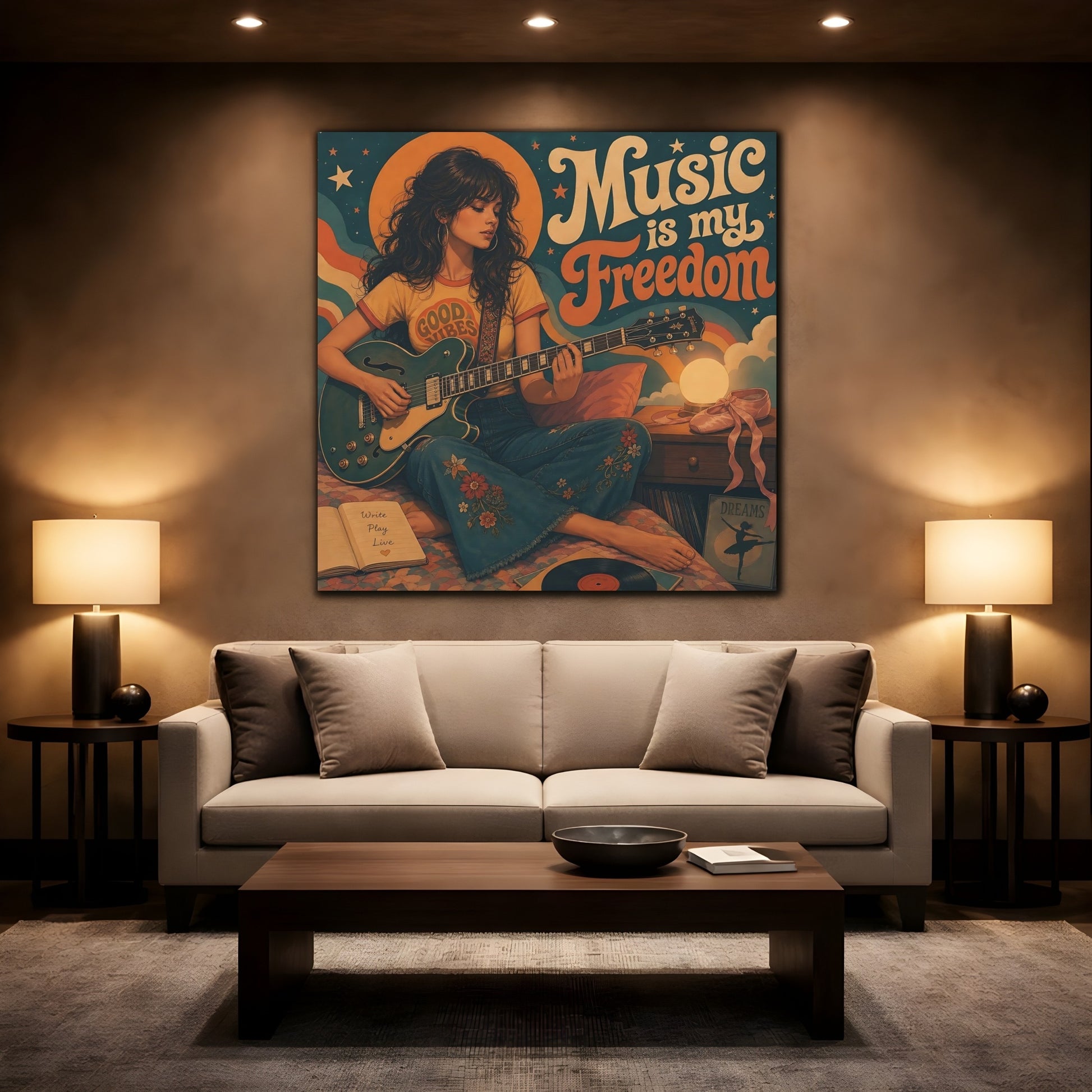 Mockup 2. Good Vibes Guitarist shown as canvas print
