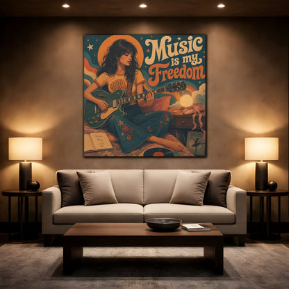 Mockup 2. Good Vibes Guitarist shown as canvas print