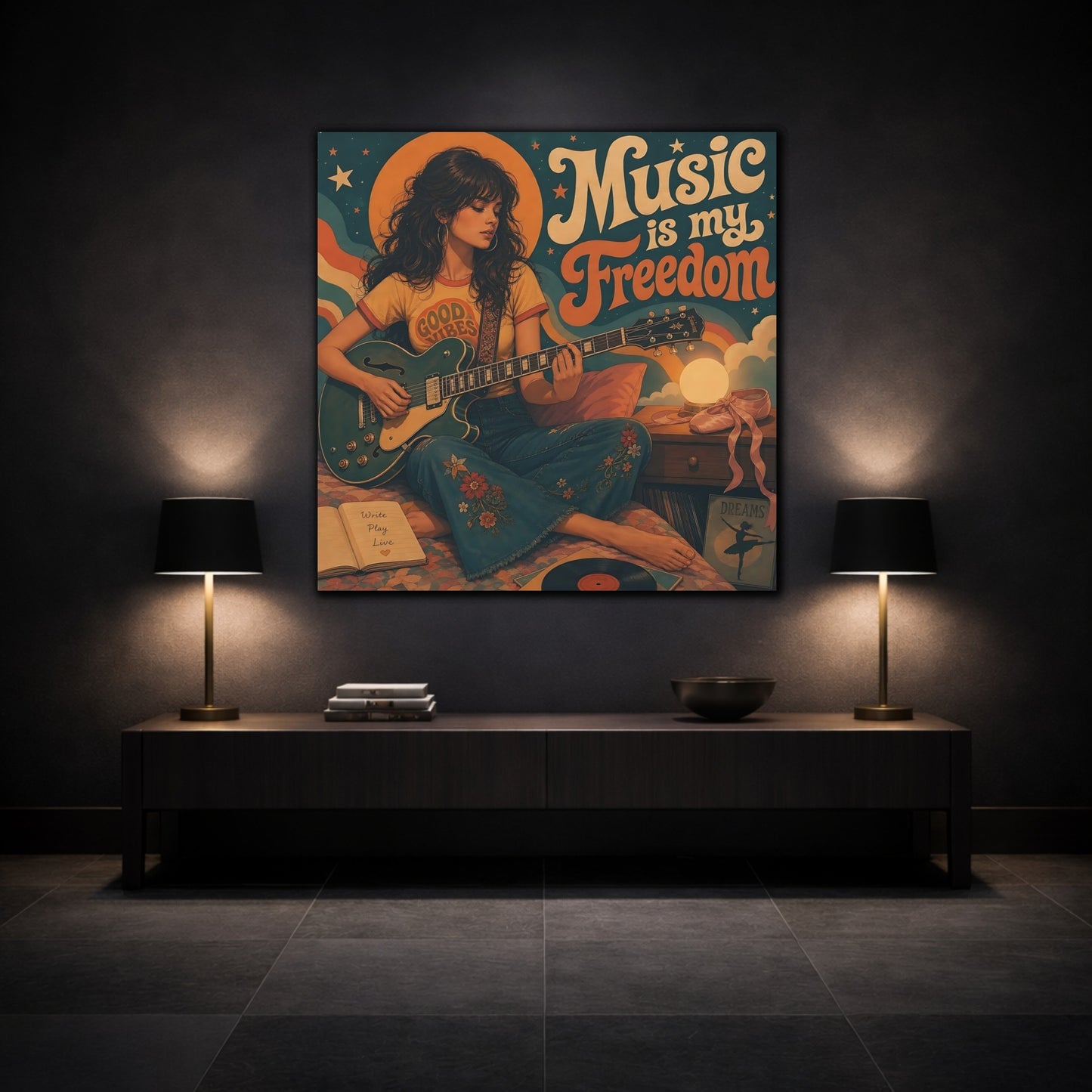 Mockup 3. Good Vibes Guitarist shown as canvas print