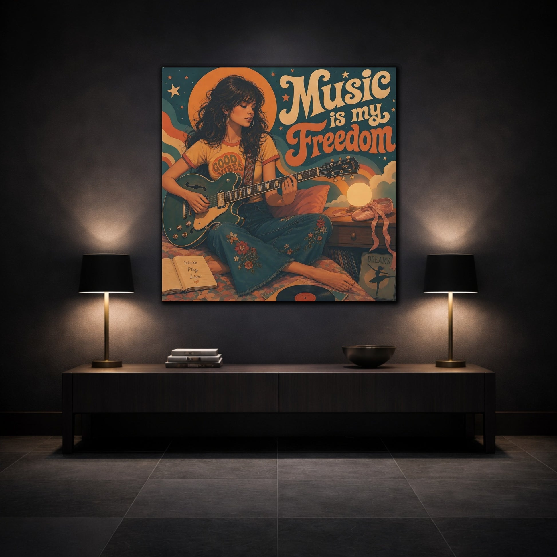 Mockup 3. Good Vibes Guitarist shown as canvas print
