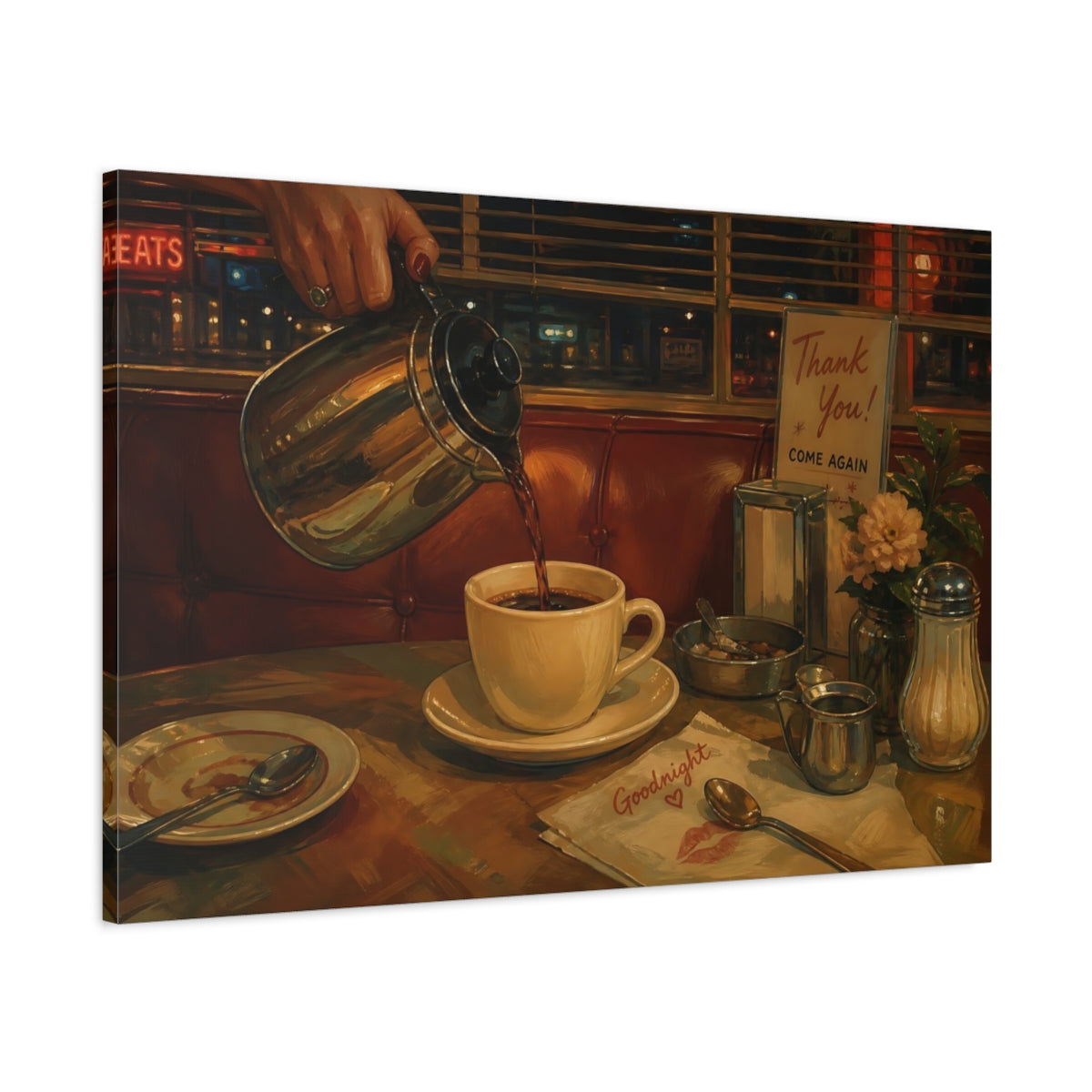 Main Mockup. Goodnight Diner Coffee shown as canvas print