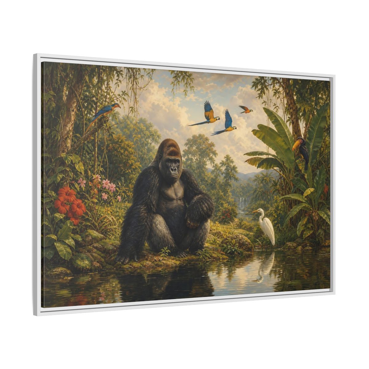 Side Mockup 7. Gorilla At Jungle Pond shown as framed canvas print