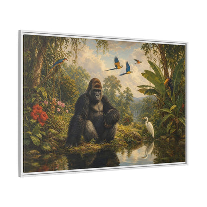 Side Mockup 7. Gorilla At Jungle Pond shown as framed canvas print