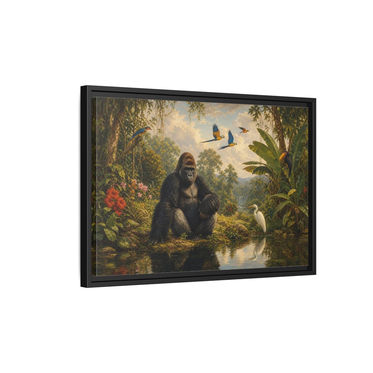 Side Mockup 3. Gorilla At Jungle Pond shown as framed canvas print
