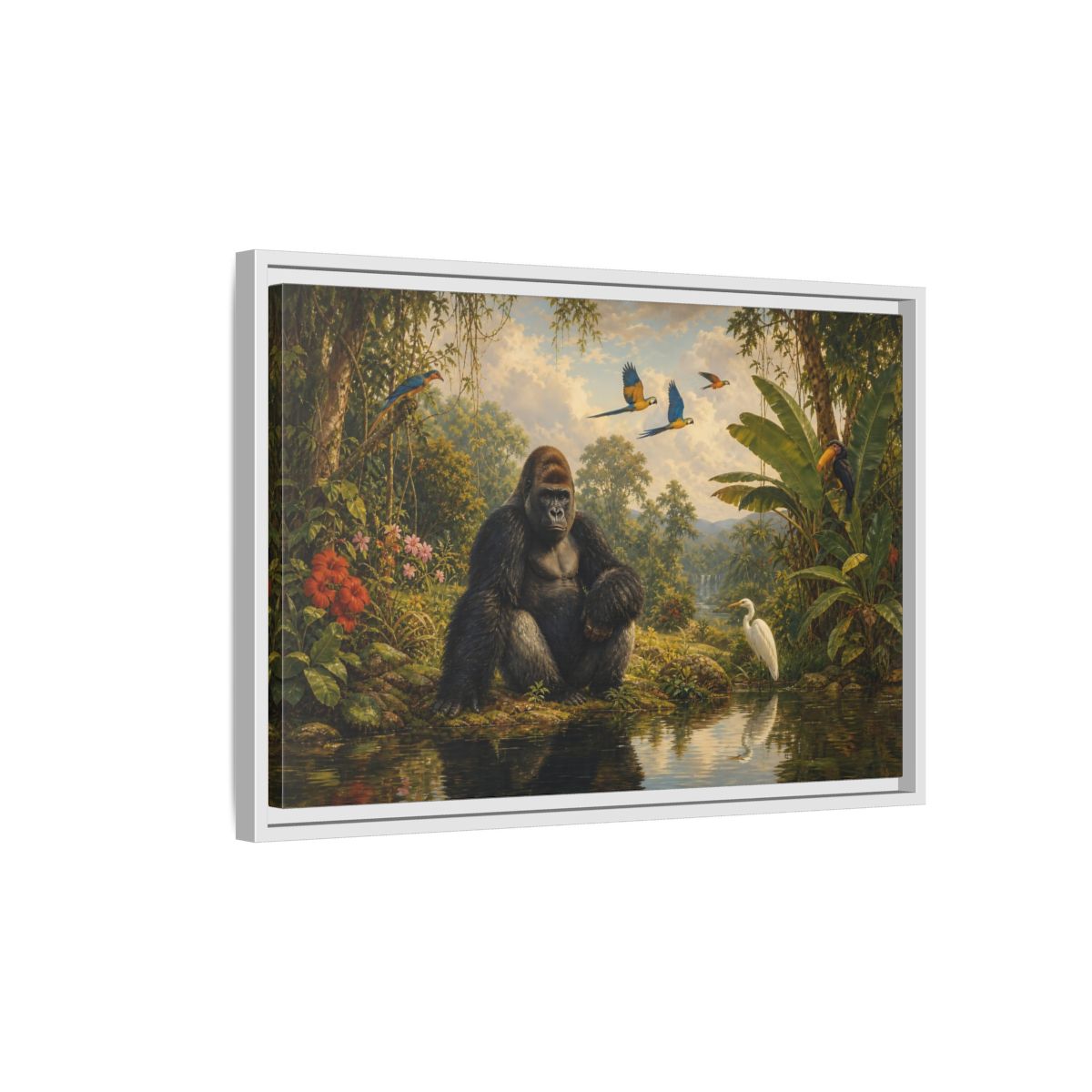 Side Mockup 1. Gorilla At Jungle Pond shown as framed canvas print