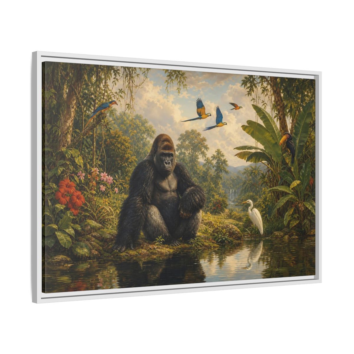Side Mockup 9. Gorilla At Jungle Pond shown as framed canvas print