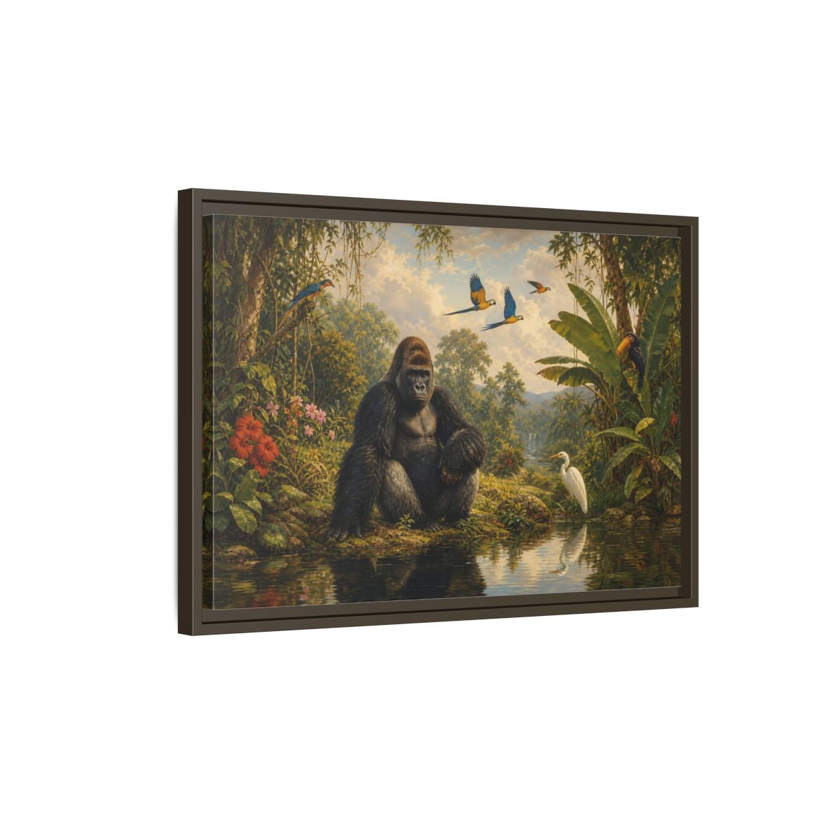 Side Mockup 2. Gorilla At Jungle Pond shown as framed canvas print