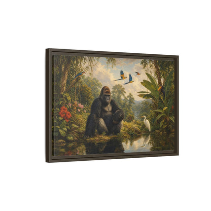 Side Mockup 2. Gorilla At Jungle Pond shown as framed canvas print