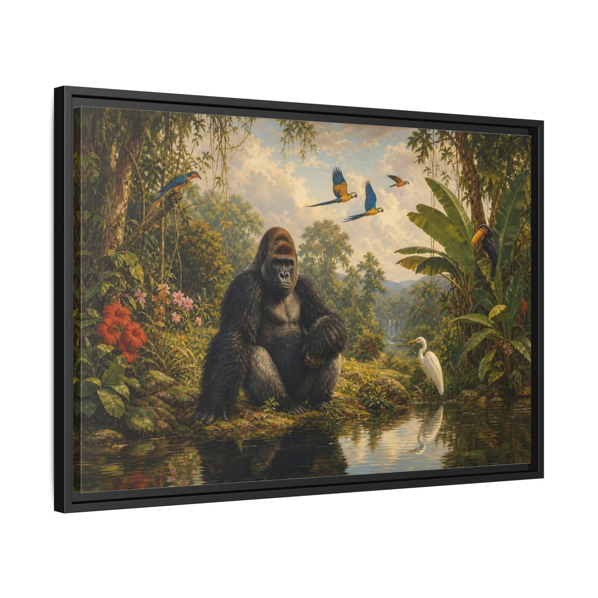 Side Mockup 14. Gorilla At Jungle Pond shown as framed canvas print