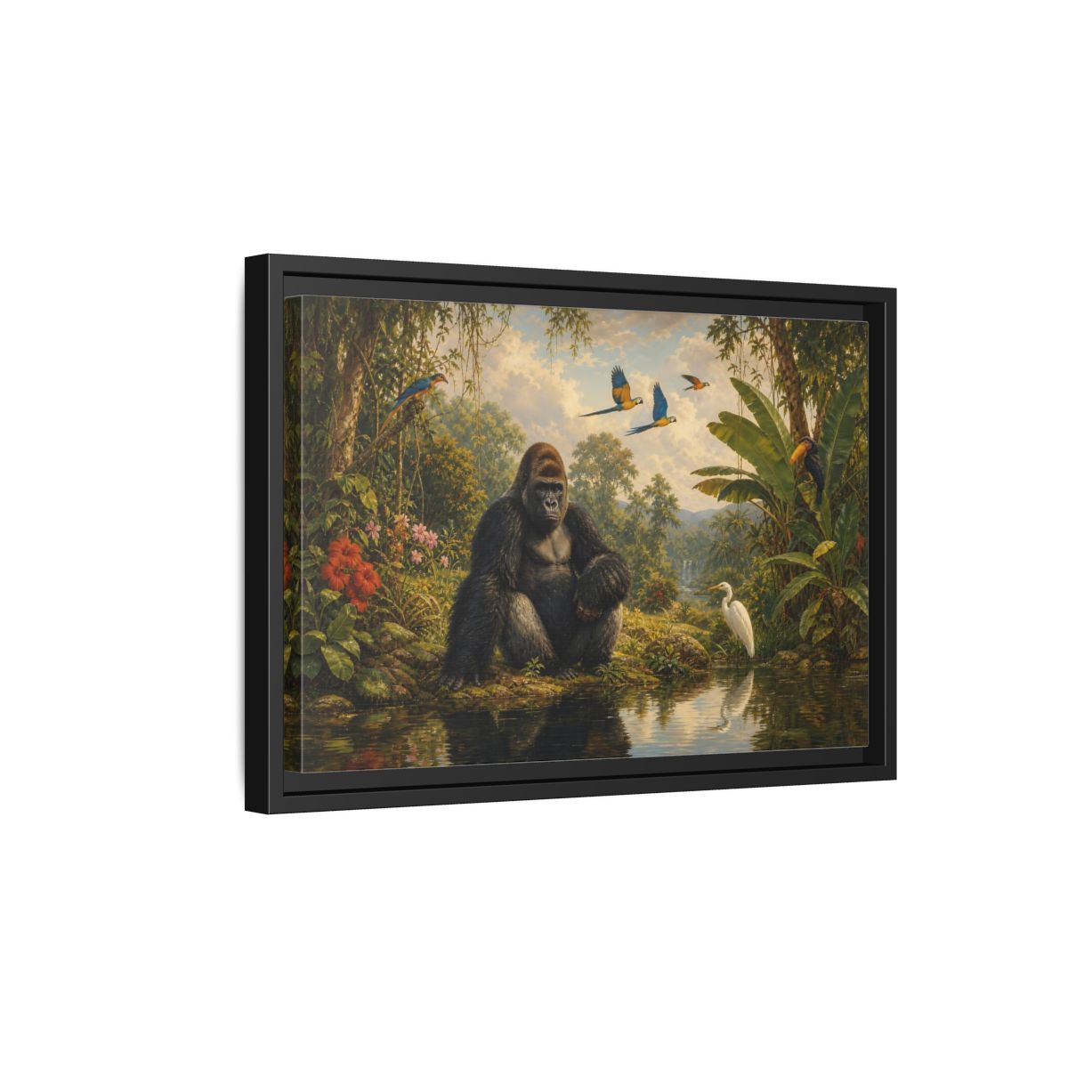 Side Mockup 6. Gorilla At Jungle Pond shown as framed canvas print