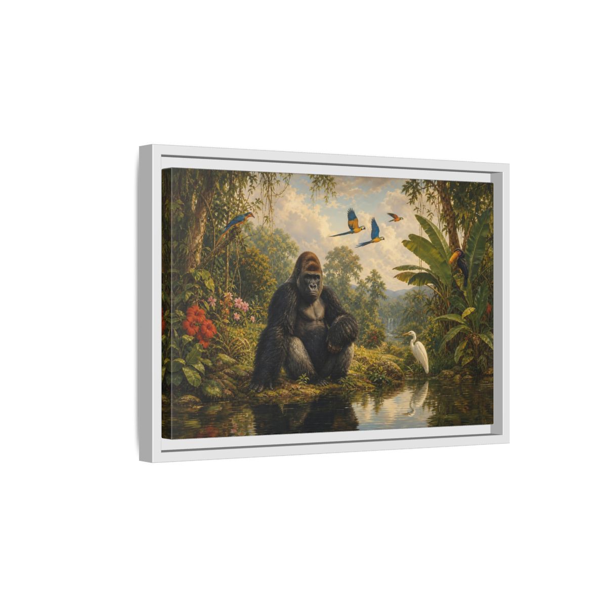 Side Mockup 4. Gorilla At Jungle Pond shown as framed canvas print