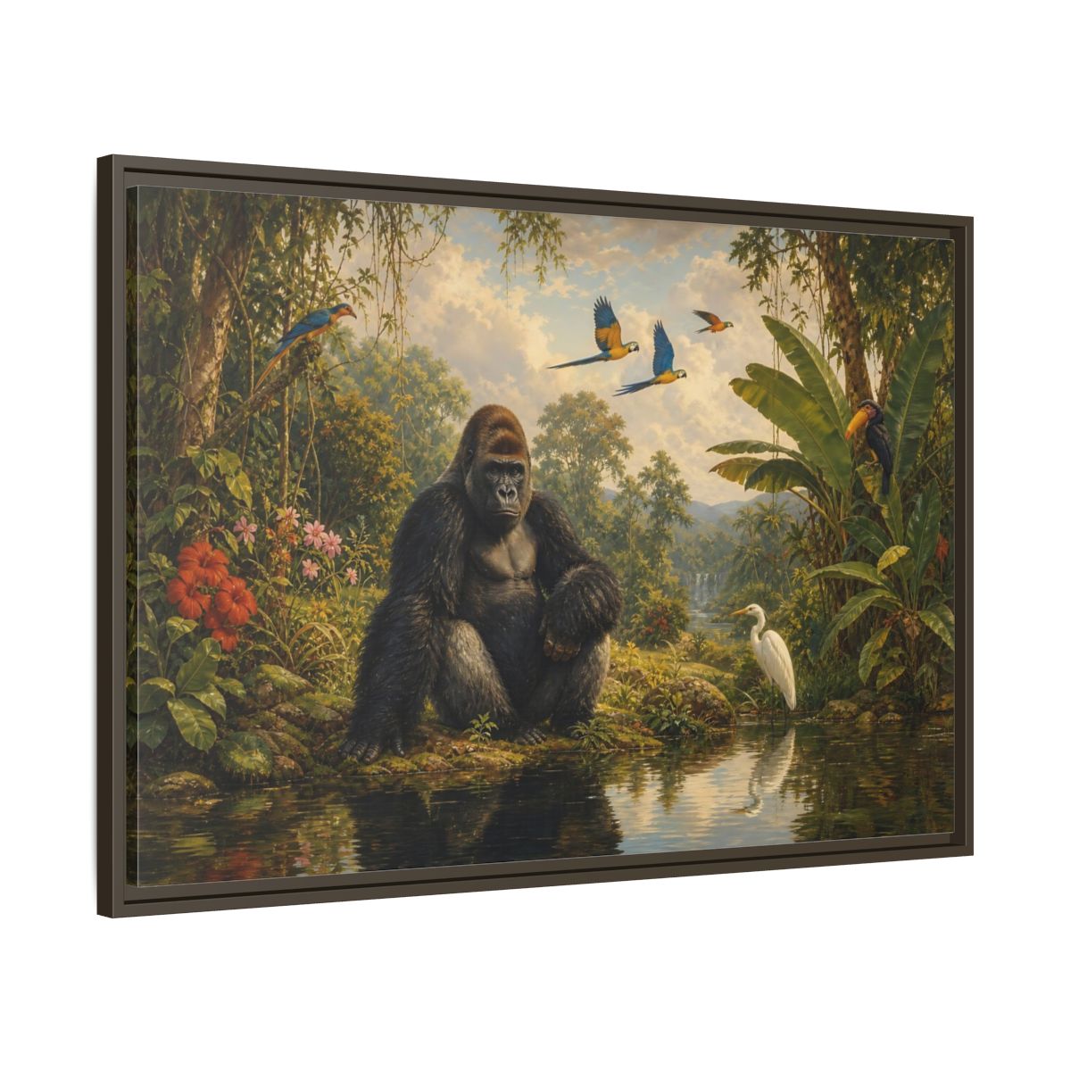 Main Mockup. Gorilla At Jungle Pond shown as framed canvas print