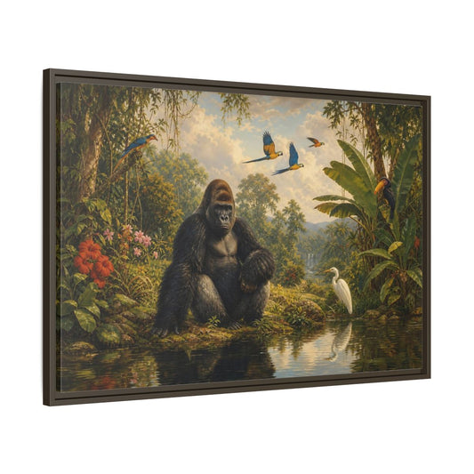 Main Mockup. Gorilla At Jungle Pond shown as framed canvas print