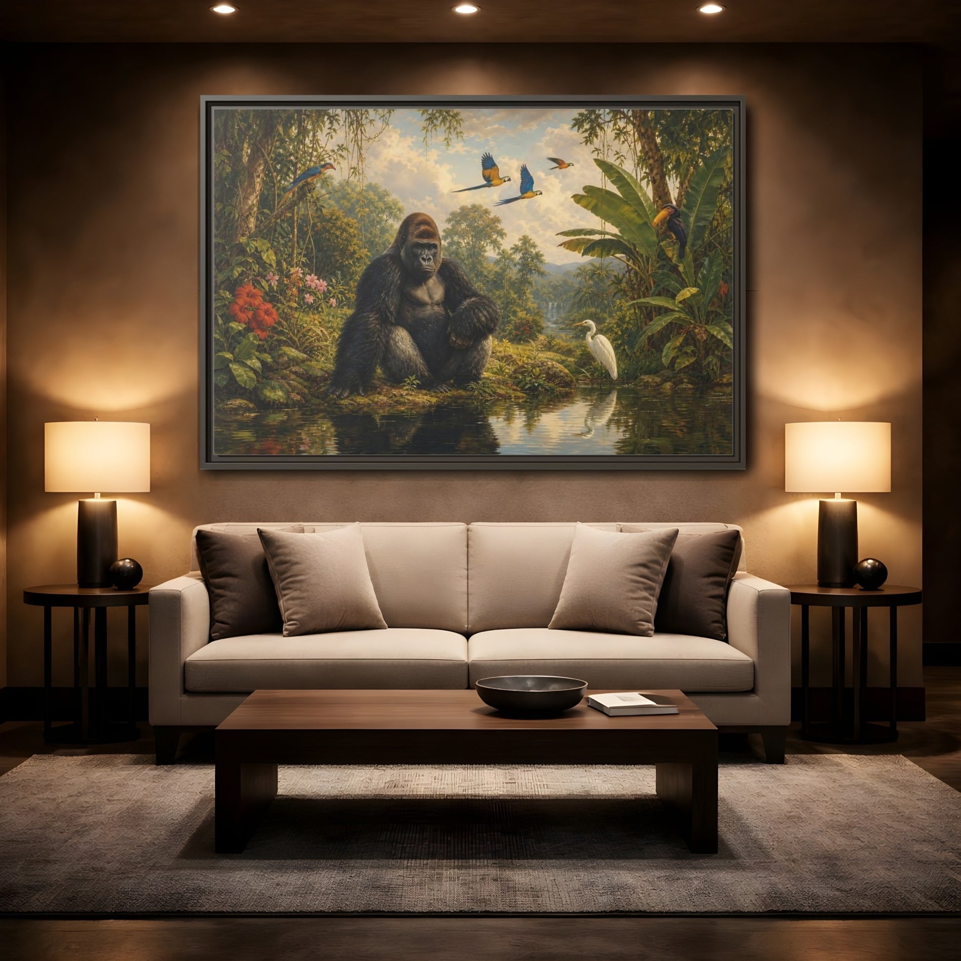 Mockup 2. Gorilla At Jungle Pond shown as framed canvas print