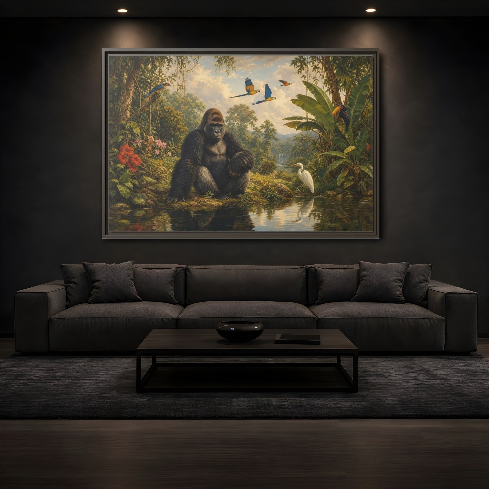 Mockup 3. Gorilla At Jungle Pond shown as framed canvas print