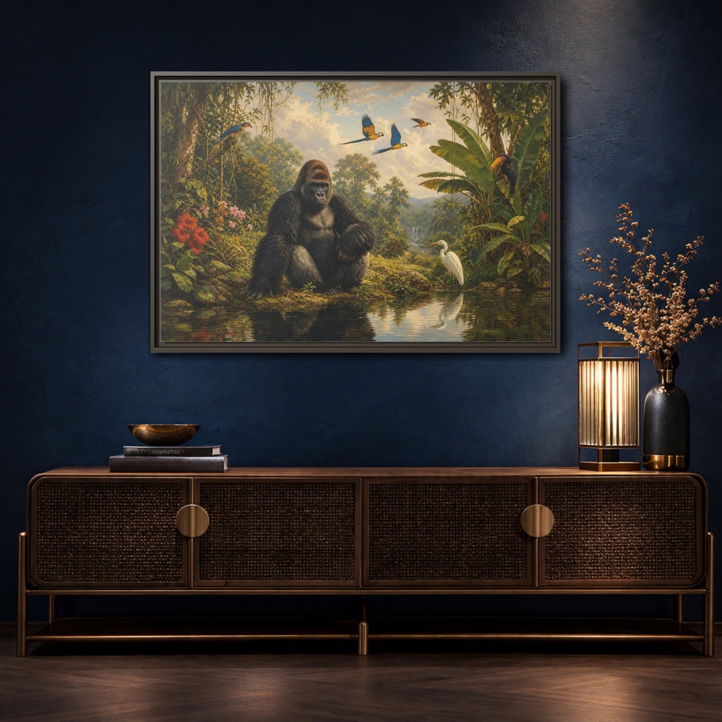 Mockup 4. Gorilla At Jungle Pond shown as framed canvas print
