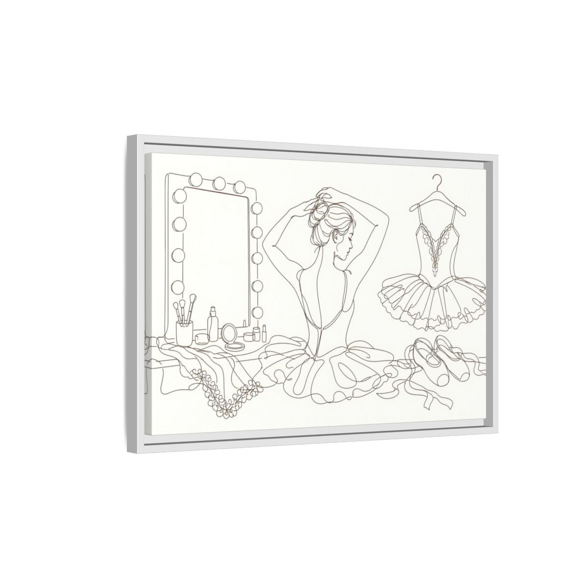 Side Mockup 1. Graceful Ballerina Line Art shown as framed canvas print
