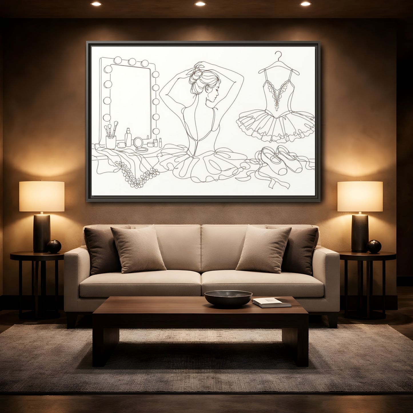 Mockup 2. Graceful Ballerina Line Art shown as framed canvas print