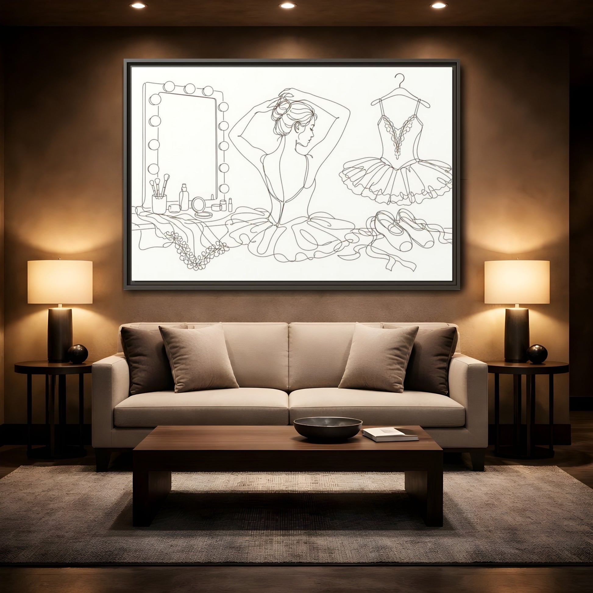Mockup 2. Graceful Ballerina Line Art shown as framed canvas print
