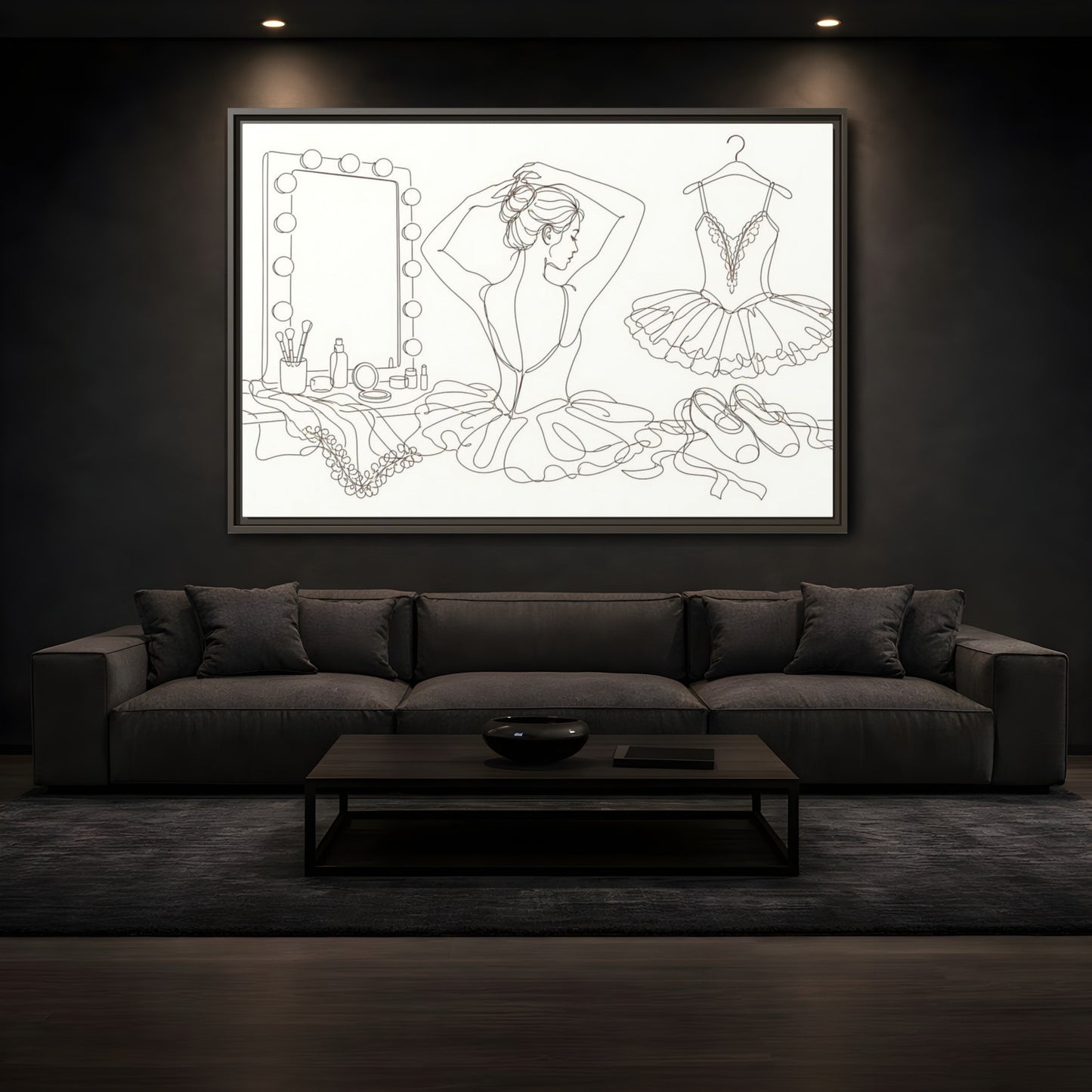 Mockup 3. Graceful Ballerina Line Art shown as framed canvas print