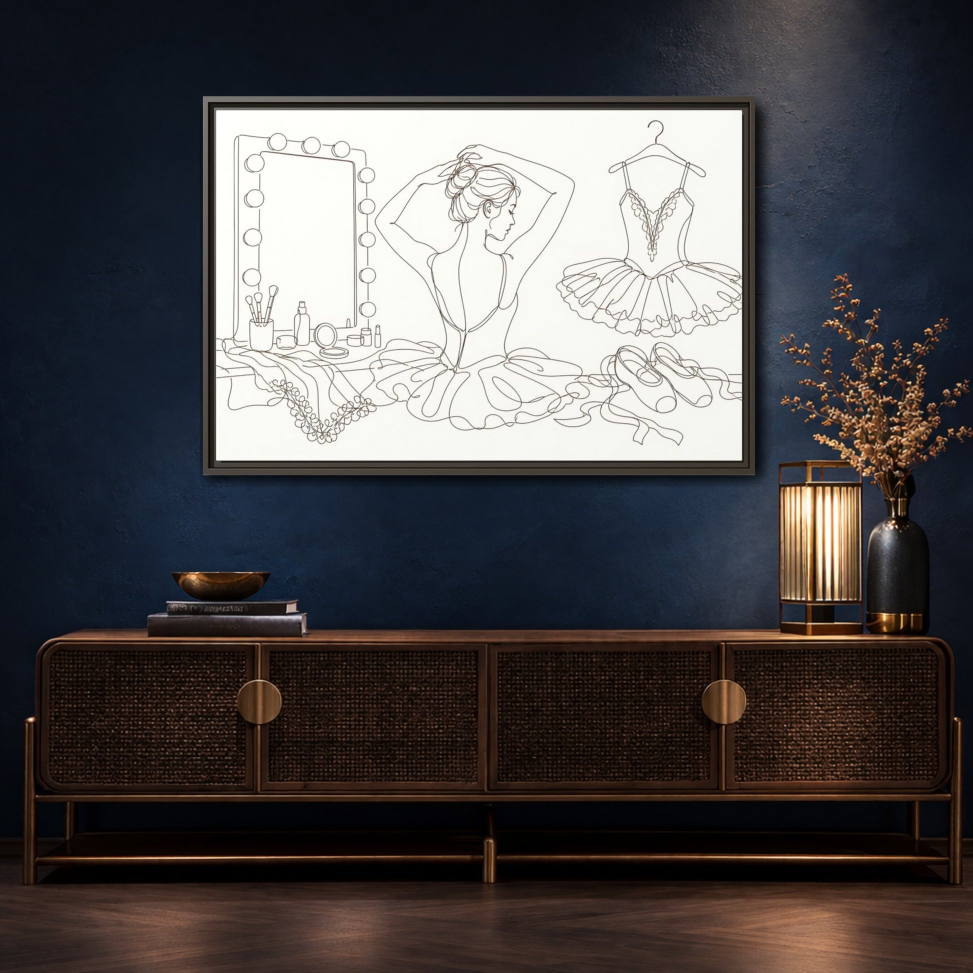 Mockup 4. Graceful Ballerina Line Art shown as framed canvas print