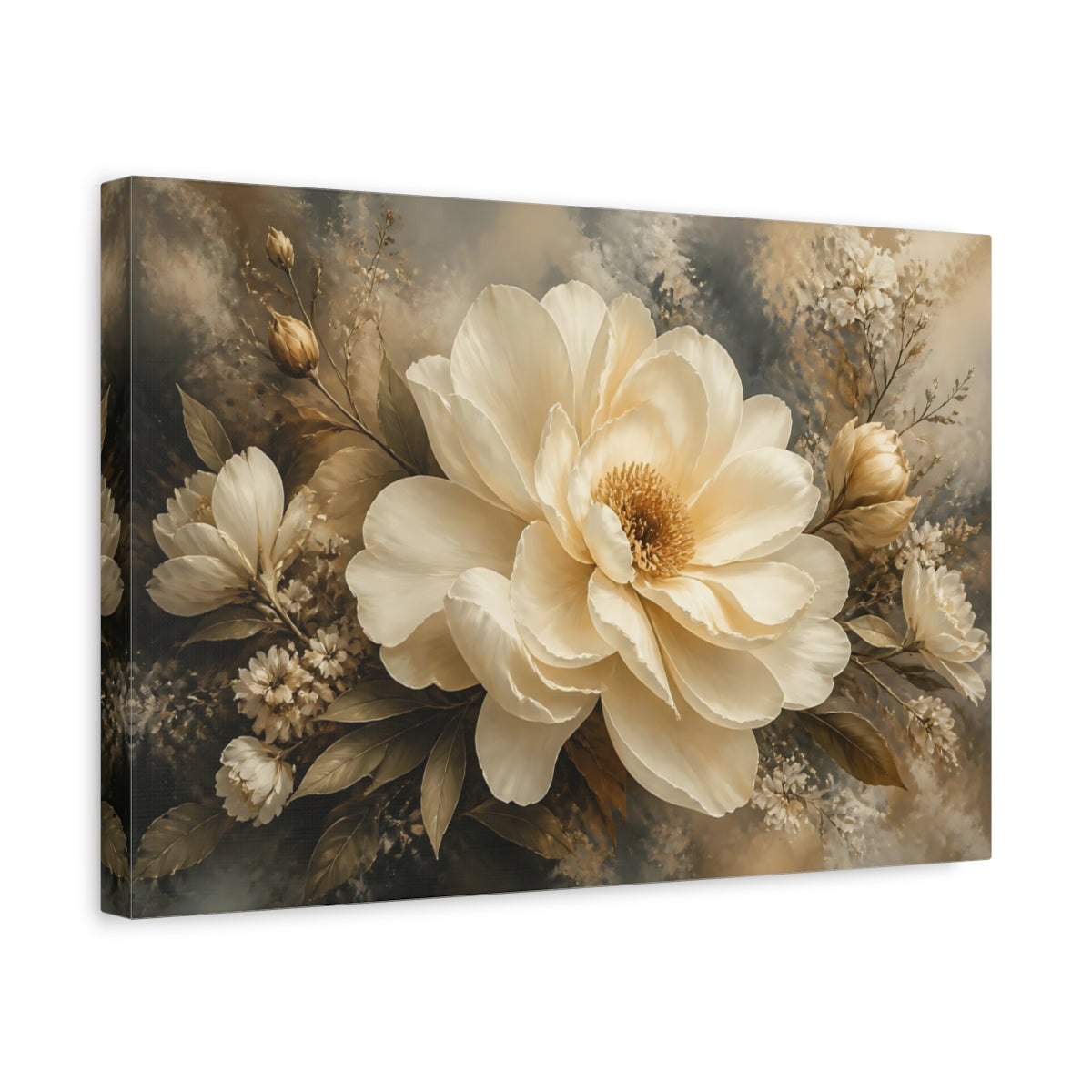 Side Mockup 4. Graceful Ivory Peony shown as canvas print