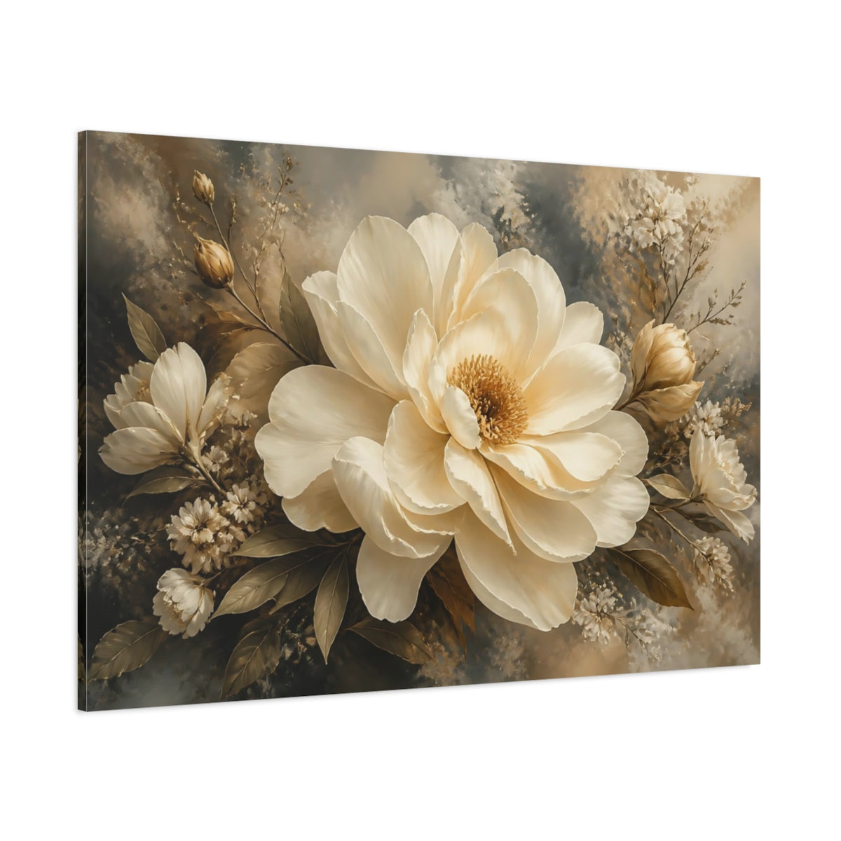 Side Mockup 1. Graceful Ivory Peony shown as canvas print