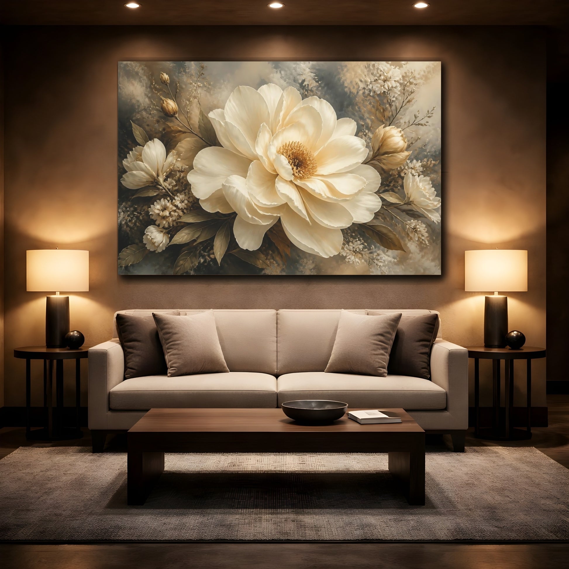 Mockup 2. Graceful Ivory Peony shown as canvas print