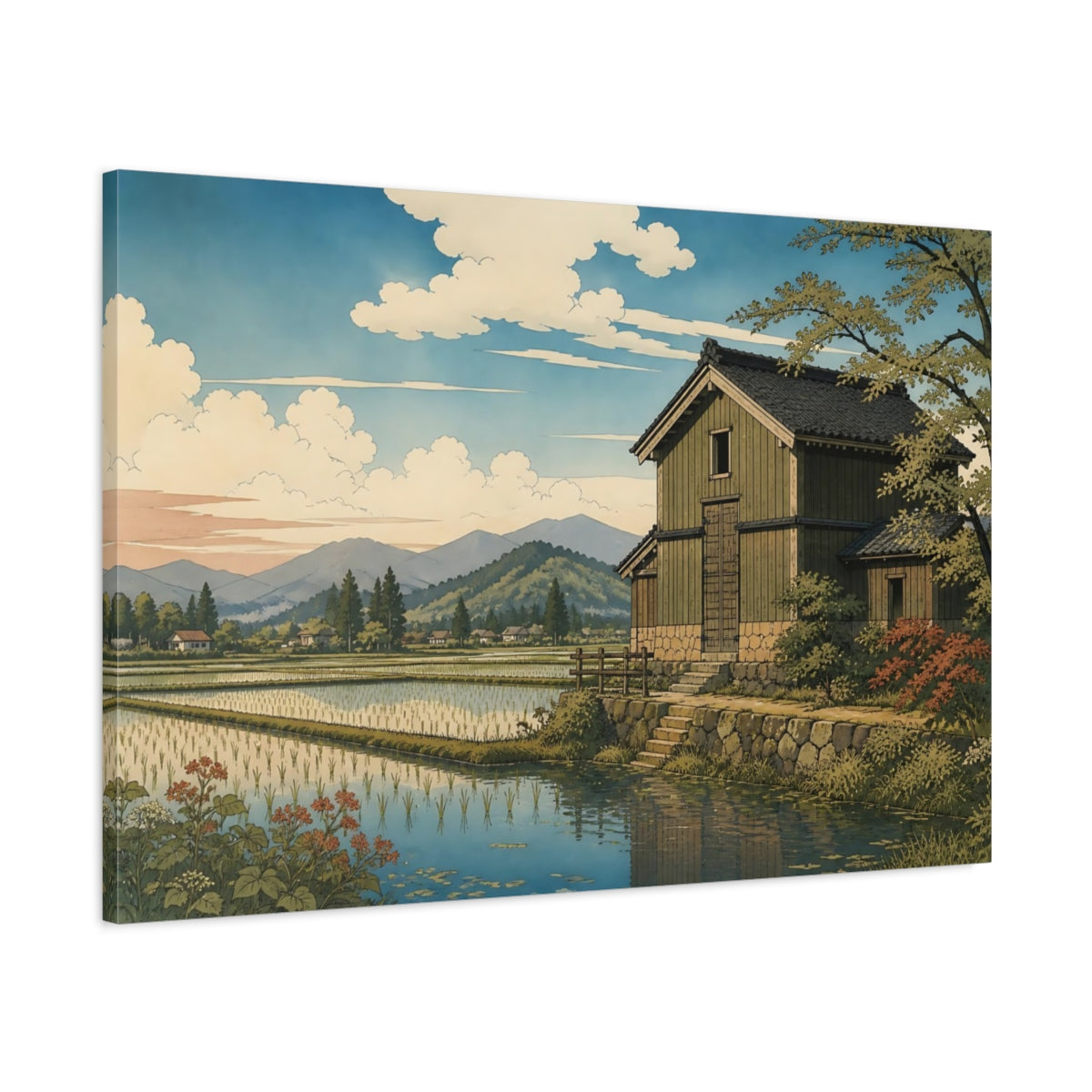 Main Mockup. Granary Beside Rice Paddies shown as canvas print