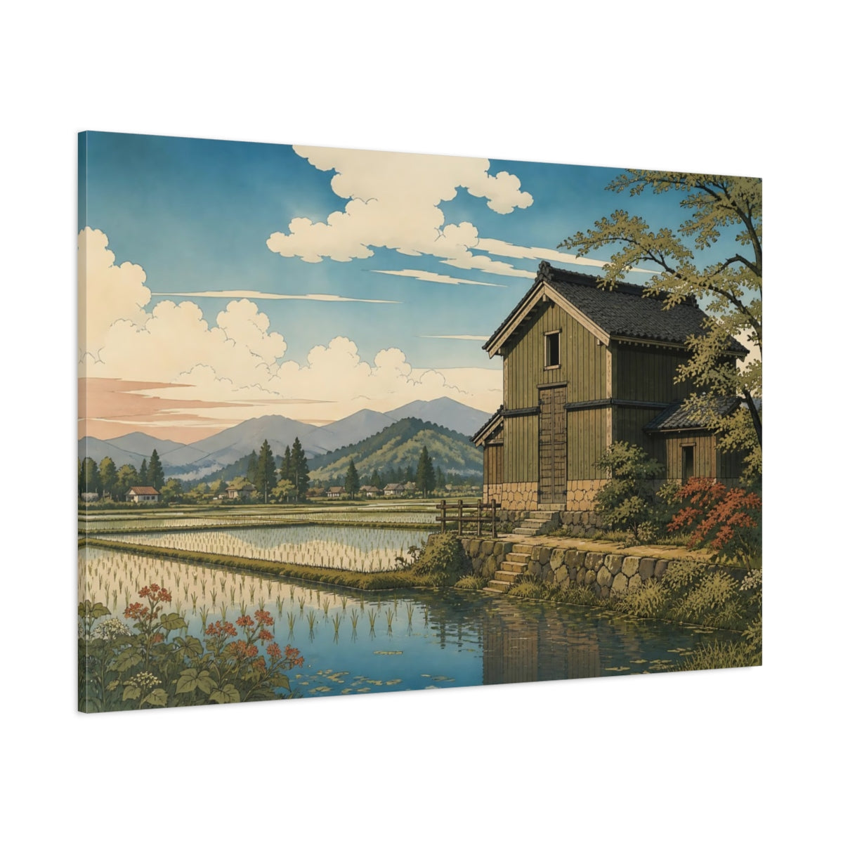 Side Mockup 1. Granary Beside Rice Paddies shown as canvas print