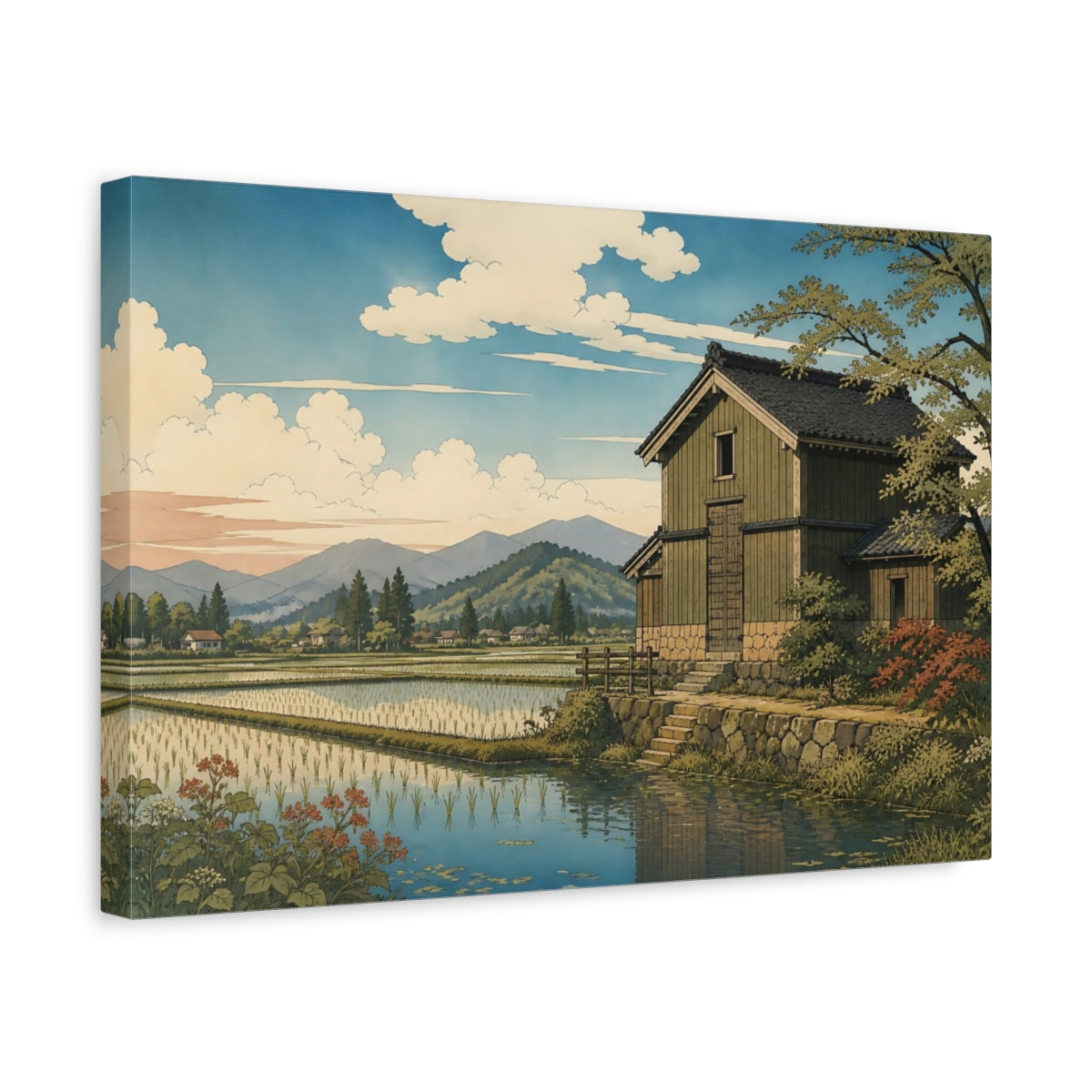 Side Mockup 4. Granary Beside Rice Paddies shown as canvas print