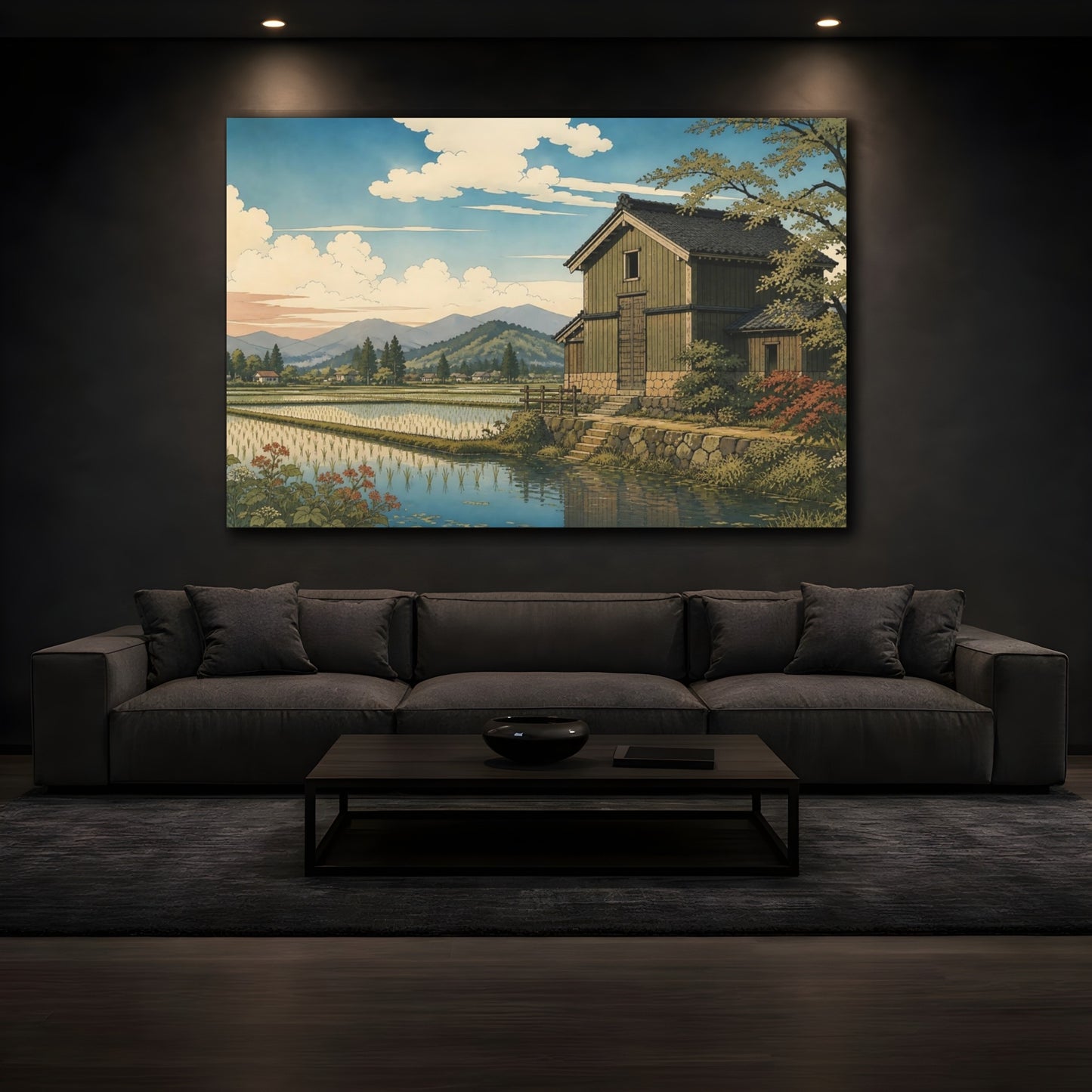Mockup 3. Granary Beside Rice Paddies shown as canvas print