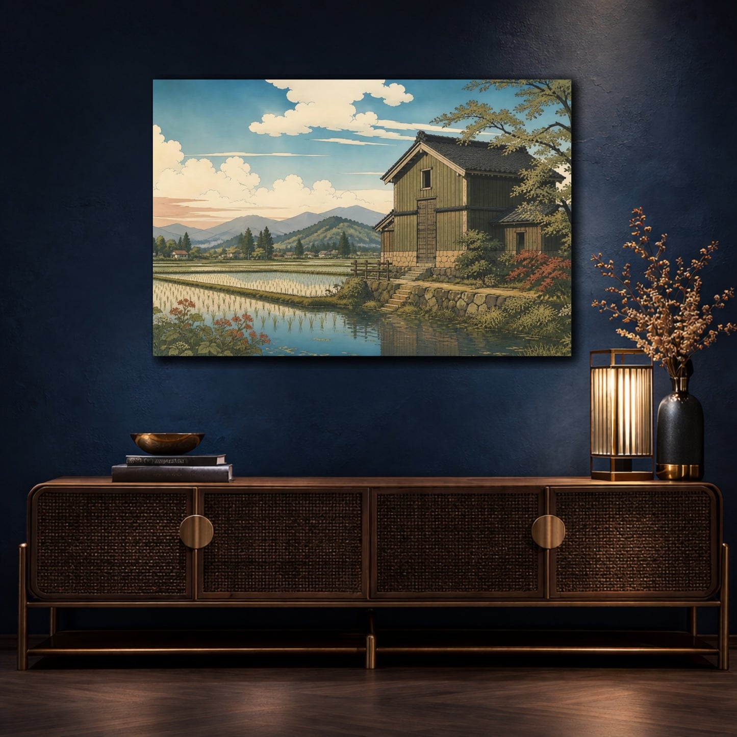 Mockup 4. Granary Beside Rice Paddies shown as canvas print