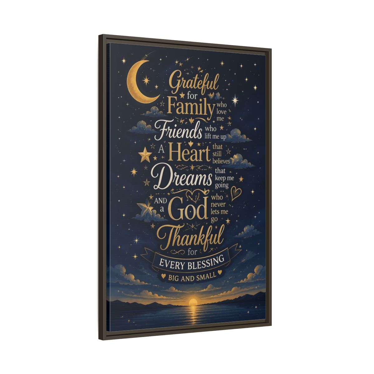 Main Mockup. Grateful Family Quote shown as framed canvas print