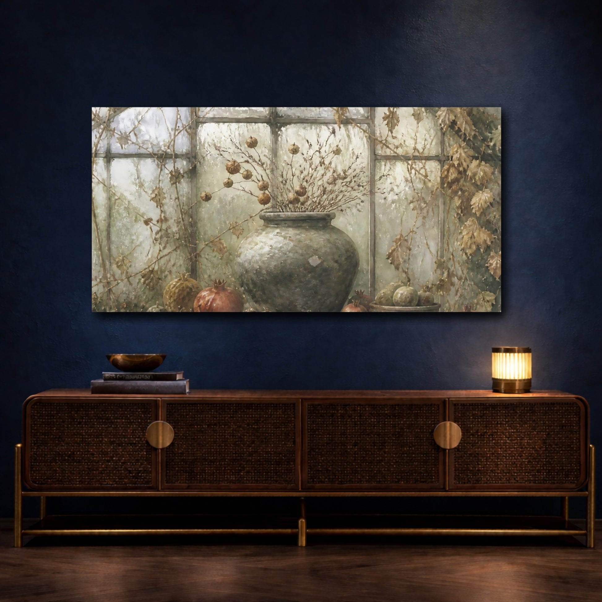 Mockup 4. Greenhouse Urn With Pomegranates shown as canvas print