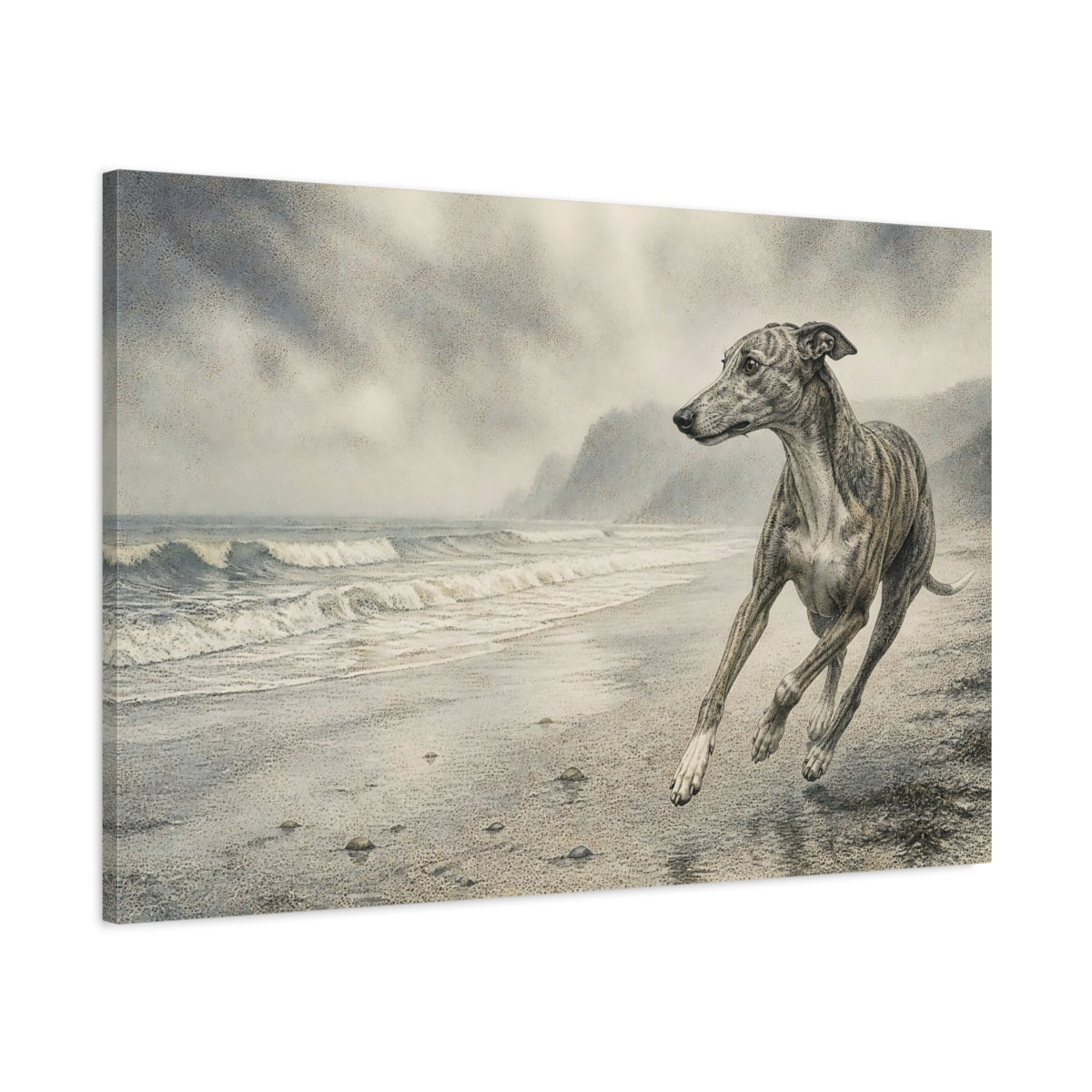Main Mockup. Greyhound On Misty Beach shown as canvas print