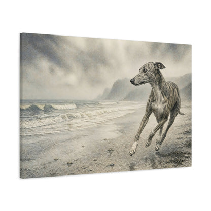 Main Mockup. Greyhound On Misty Beach shown as canvas print