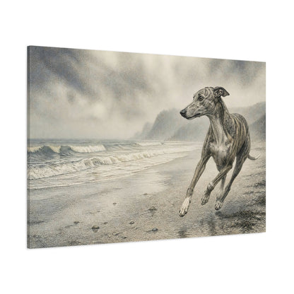 Side Mockup 1. Greyhound On Misty Beach shown as canvas print